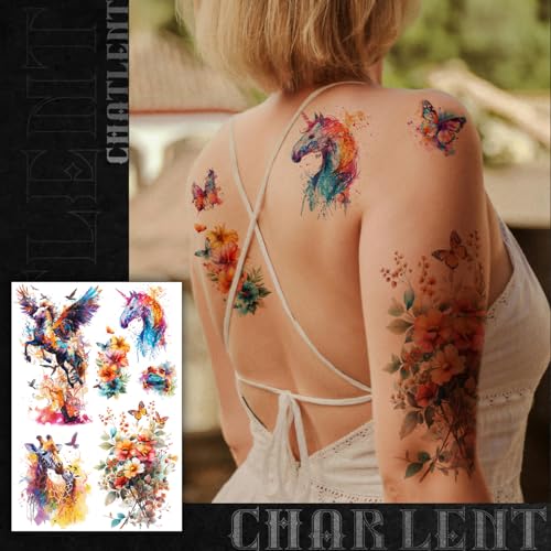 3D Watercolor Temporary Tattoos - 9 Sheets Realistic Flower & Animal Designs
