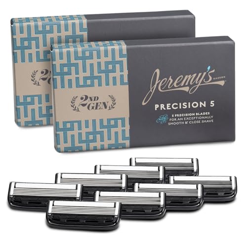 Jeremy's Razors for Men - Precision 5 Razor Blade Refills - 8 Cartridges (Fits All 2nd Gen Jeremy's Handles) - Precision Trimmer, Stainless Steel Design, Lubricating Strip - Men's Shaving Blades