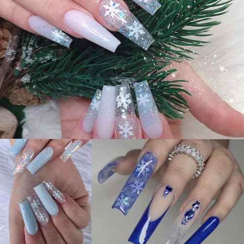 12 Grids Christmas Nail Art Glitter Sequins 3D Holographic Winter Snowflake Nail Art Glitter Flakes White Blue Pink Green Snowflake Designs Xmas Nail Decorations for Acrylic Nails Supplies