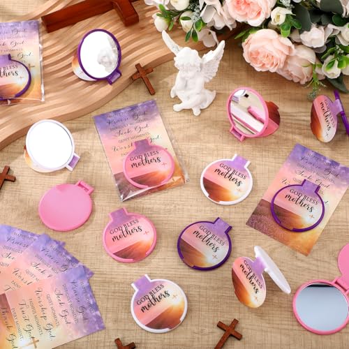 50 Sets Mothers Day Christian Gifts Religious Compact Mirrors Bulk God Bless Mothers Bible Folding Round Mirror with Cards Church Gifts for Church Sunday School Party (Light Color)