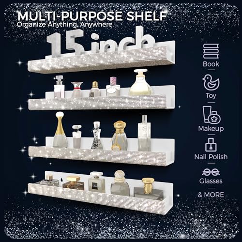 4 Pack 15 Inch Nail Polish Wall Rack£¬Diamond Crystal Rhinestone Acrylic Nail Polish Organizer£¬Sunglasses Essential Oil Picture Display Storage Wall Shelf