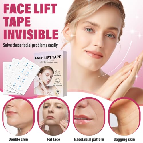 Face Lift Tape Invisible, 128 Pcs - 8hr Hold, Waterproof