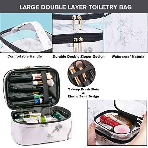 FITINI 3 Pieces Makeup Bags Double Layer Travel Large Cosmetic Cases Organizer Toiletry Bags Waterproof Small Zipper Pouch for Women Makeup Brush Storage Bag,Black Marble