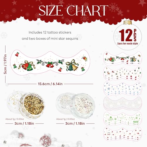Christmas Glitter Tattoo Stickers - 12 Sheets Festive Designs
