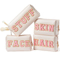 Y1tvei 4Pcs Preppy Patch Varsity Letter Makeup Bag Sewn with Pink Skin Hair Face Stuff Chenille Letter Cosmetic Toiletry Bag PU Leather Waterproof Portable Zipper Purse Travel Organizer for Women Girl