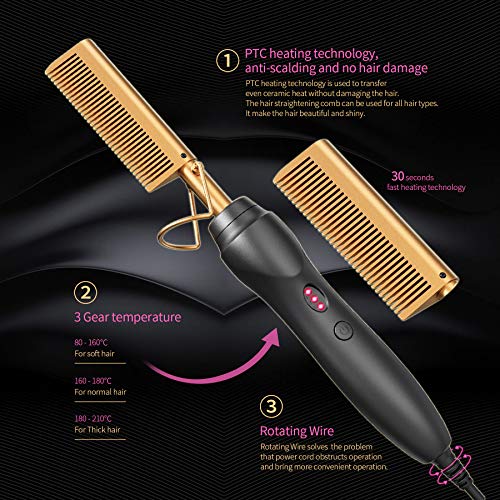 BudiGl Gold Ceramic Hot Comb Hair Straightener & Curling Pressing Comb for All Hair Types