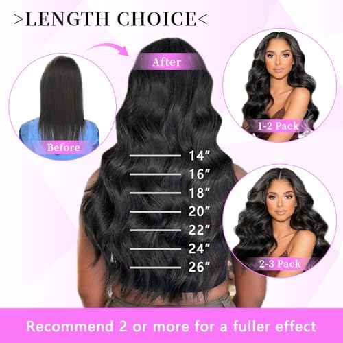 14 inch Seamless Body Wave Clip in Extensions Real Human Hair Extensions Clip Ins 110g 7pcs Thick Invisible Clip in Hair Extensions #1B Natural Black