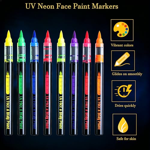 UV Glow Face Paint Markers - 8 Pens, Washable & Safe