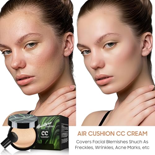 Mushroom Head Air Cushion CC Cream - Tattoo Cover up BB Cream Face Makeup Foundation, Moisturizing Concealer Brighten Long-Lasting, Even Skin Tone for All Skin Types (Natural)