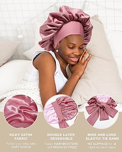 Satin Bonnet for Women Silk Bonnets for Sleeping Curly Hair Bonnet with Elastic Tie Band Reversible Double Layer Sleep Cap Hair Wrap (Bean Paste + Pink)
