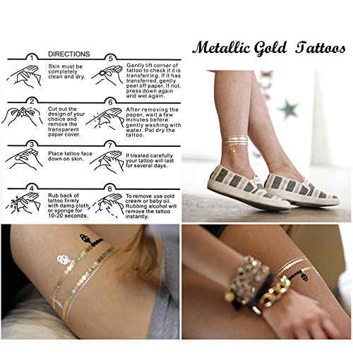 Gold Metallic Temporary Tattoos - 8 Sheets, 100+ Designs
