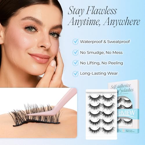 LASHVIEW Self Adhesive Eyelashes 5 Pairs Cat Eye Wispy Self-adhesive False Lashes Reusable Natural Look Press On Lashes No Glue Need Eyelashes with Replacement Adhesive Strips (ZN14)
