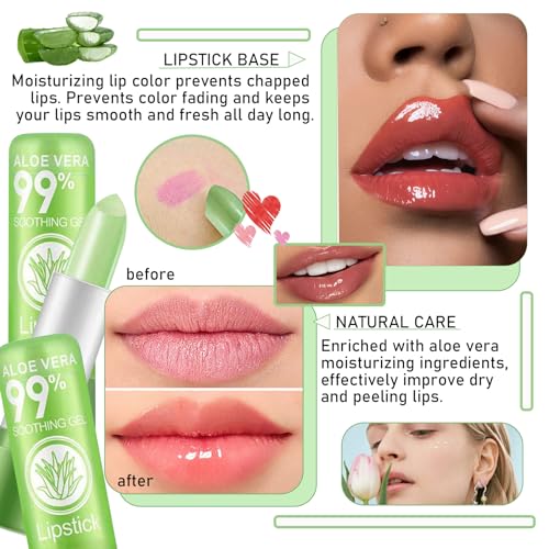 4PCS Aloe Vera Lipstick,Color Changing Lipstick,Moisturizing Magic PH Jelly Lipstick Set for Women,Tinted Lip Balm Long Lasting Waterproof Color Change Lip Gloss Makeup
