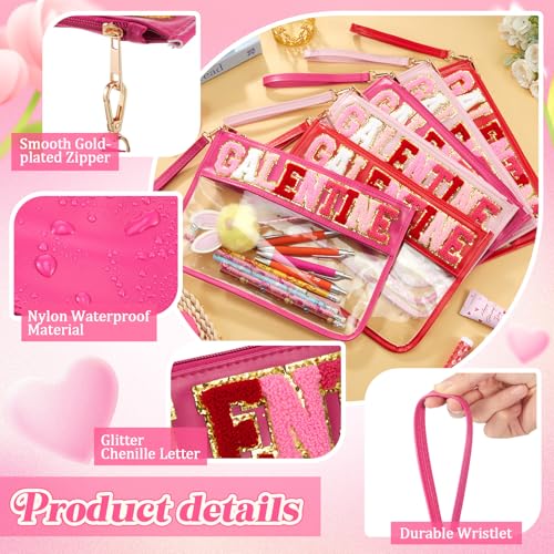 6 Pcs Galentine's Day Makeup Bags Gifts Bulk Chenille Letter Clear Zipper Pouch Waterproof Nylon Organizer for Women Girls Friends Ladies Valentine's Day Party Favors Decorations