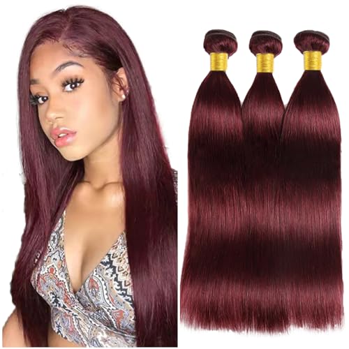 #99J-S Wine Red Human Hair Extensions 18 20 22 Inch Burgundy Straight Bundles - Double Weft, Unprocessed Brazilian Virgin Hair