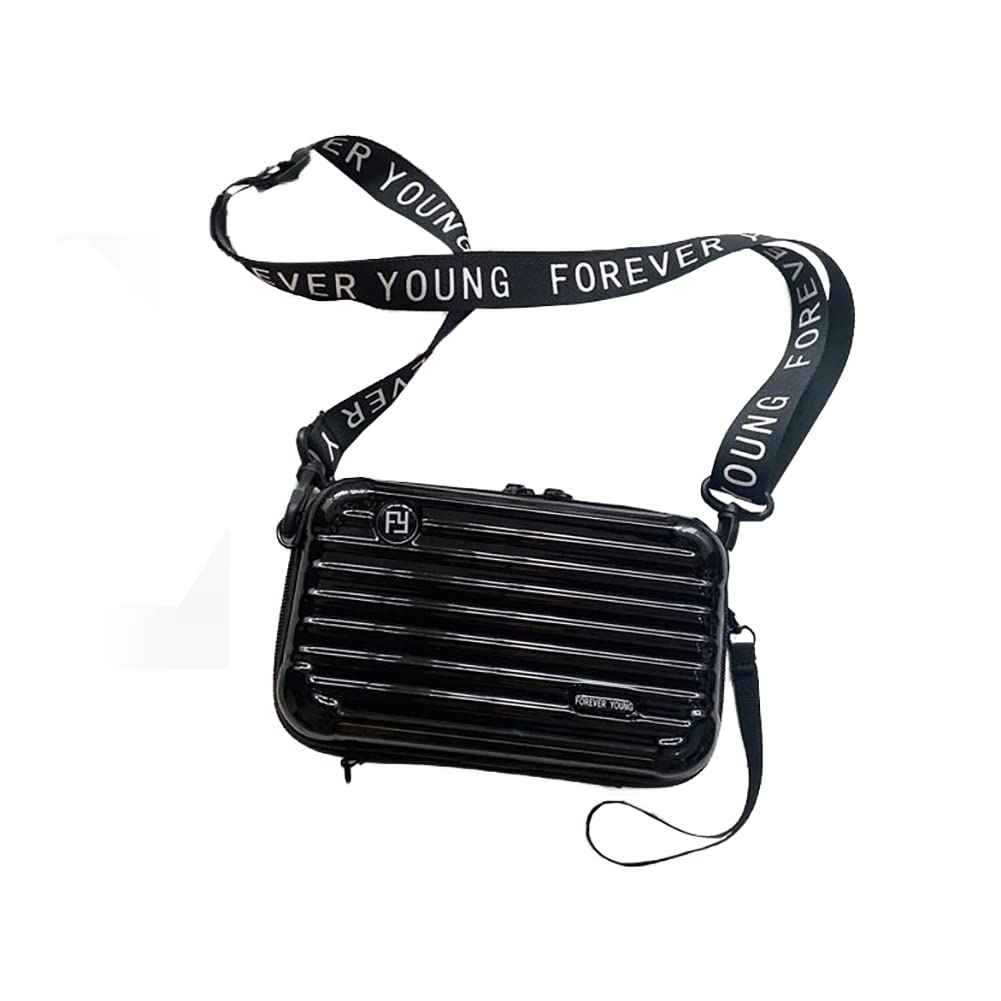 OXYPLAY PVC Hard Shell Travel Multi-Function Luggage,Women's Portable Toiletry And Makeup Bag, Alphabet Strap Storage Crossbody Bag (Black)