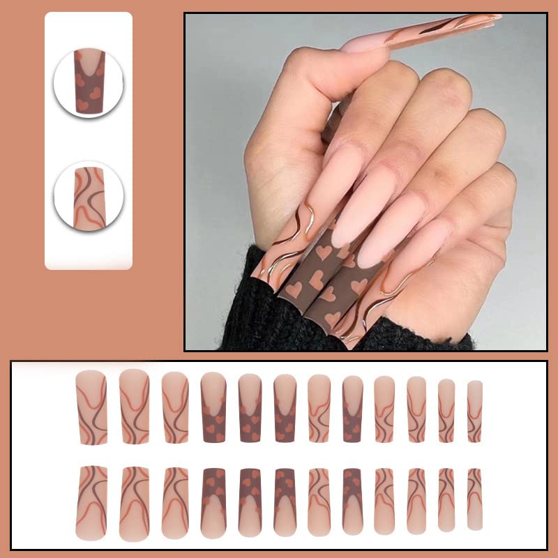 DOUBNINE Press on Nails Super Long Square Brown Heart Swirl Matte Ballerina Acrylic Full Cover Natural False Nails with Jelly Double Sided Adhesive for Women