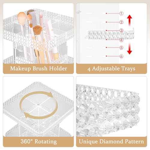 Rotating Makeup Organizer with Makeup Brush Holder, Large Capacity Perfume Organizer for Vanity Countertop, Acrylic Skincare Organizers Spinning Holder Storage Rack (Clear)