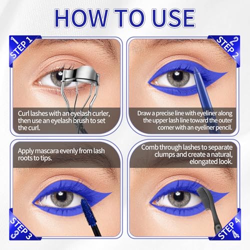 Blue Mascara and Eyeliner Set,5D Colored Mascara Volume and Length Waterproof,Natural Curling Lengthening,Suitable for Women Eye Makeup