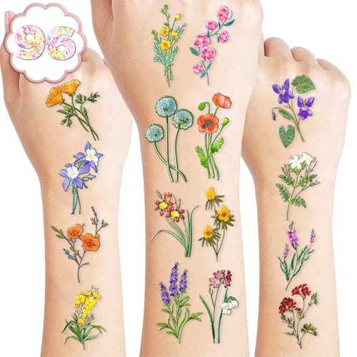 96 Pre-Cut Wildflower Temporary Tattoos - Party Favors