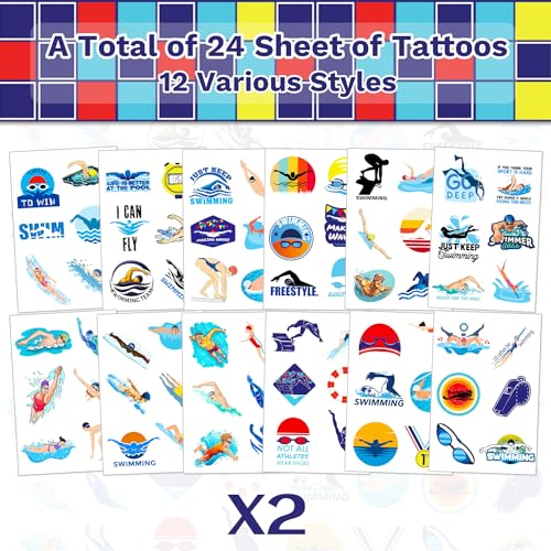 24 Sheets (144 PCS) Swimming Swim Team Temporary Tattoos Stickers, Swimming Swim Team Pool Sport Making Waves Party Favors Supplies Birthday Decorations Gifts for Swimmers Kids Teens Boys Girls