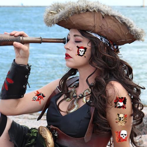 Cheerland Pirate Temporary Tattoo for Party Favor Pre-cut Pirate Ship Theme Decor Summerween Birthday Decorations Halloween Skull Crossbone Treasure Map Tattoo Face Stickers Party Supplies 108Pcs