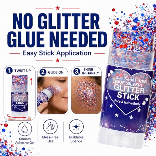 Red White & Blue Patriotic Glitter Stick, Waterproof 4th of July