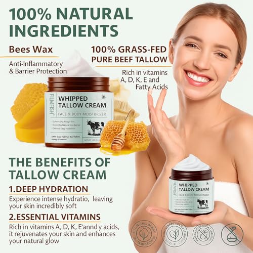 Grass-Fed Tallow Balm with Honey & Beeswax Deep Moisturizing Face & Body Cream Non-Comedogenic, Fragrance-Free For Dry Sensitive Skin Calms Redness 4.2 oz 2PCS