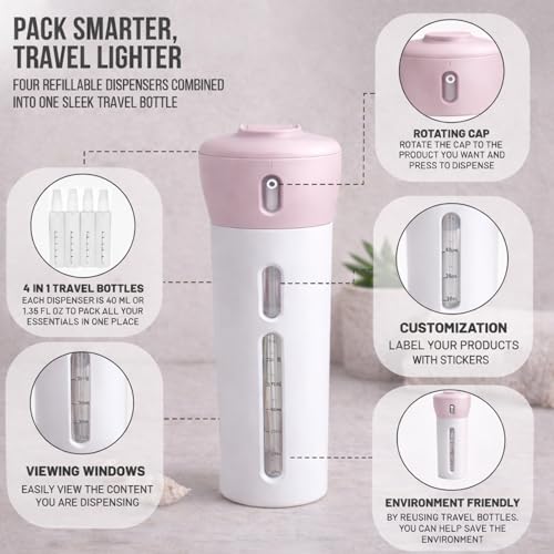 Travigo 4-in-1 Travel Dispenser Bottle (Pink) – 4 x 1.4 oz TSA Approved, Leak-Proof