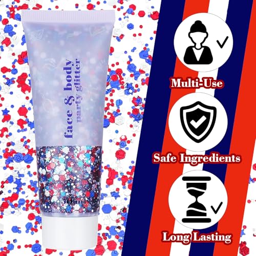 Patriotic Red White and Blue Body Glitter for 4th of July
