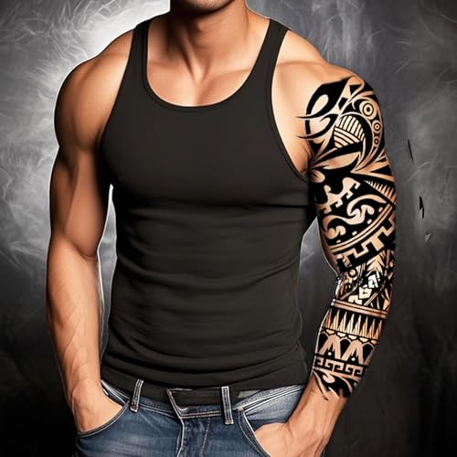6 Sheets Full Arm Temporary Tattoos, Large Black Totem Tattoo Sleeves, Realistic Fake Tattoos for Men and Women, Waterproof and Long Lasting Tribal Tattoo Stickers for Cosplay, Parties, and Halloween