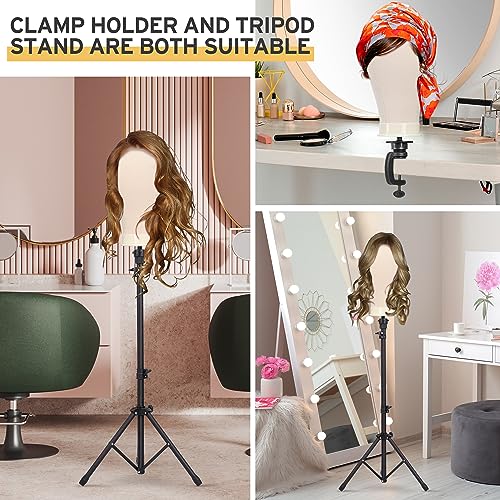 Klvied Reinforced Wig Mannequin Stand with Head, Dual-use 22 Inch Canvas Wig Head Display, Adjustable Clamp Wig Holder, Manikin Head Set for Cosmetology Hairdressing Training with Carrying Storage Bag