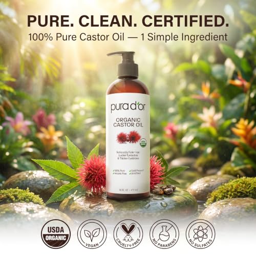 PURA D'OR Organic Castor Oil 16oz Cold-Pressed for Hair Skin Nails - USDA Certified
