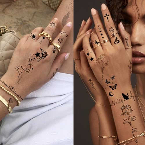 350 PCS Small Finger Temporary Tattoo for Women- butterfly Flower Rose Letter Realistic Black Fake Tiny Tattoos Waterproof Long Lasting Tattoos Stickers Sexy Tattoo for Adults