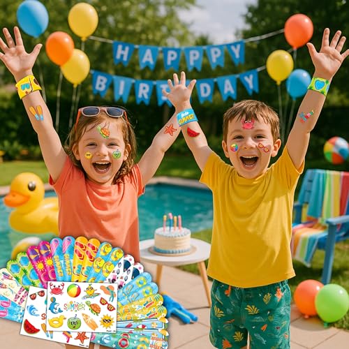 48PCS Pool Party Set - 24PCS Temporary Tattoos & 24PCS Slap Bracelets ? Fun Summer Birthday Supplies, Baby Shower Gifts, Classroom Rewards & Pool-Themed Decor for Kids (Boys & Girls)