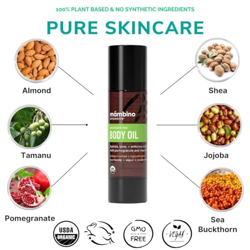 Mambino Organics Moisture Me Nourishing Body Oil, Lightweight Skincare & Body Care Oil with Shea Butter, Jojoba & Pomegranate Oils, Fast-Absorbing Moisturizing Body Oil, 4 fl oz