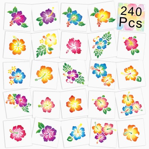 240 Pc Hibiscus Glitter Temporary Tattoos Hawaiian Party