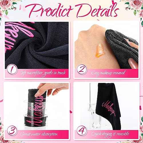Preboun 96 Pack Makeup Remover Cloths, 13 x 13 Inch Makeup Towels Bulk Soft Microfiber Face Towels Reusable Makeup Washcloths with Makeup Embroidery for Women Skin (Black)