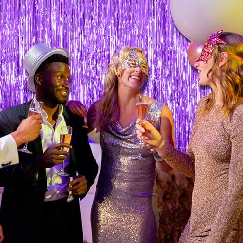 BOMSI 2 Pack Purple Foil Fringe Backdrop Curtains for Party Decorations, 39.4