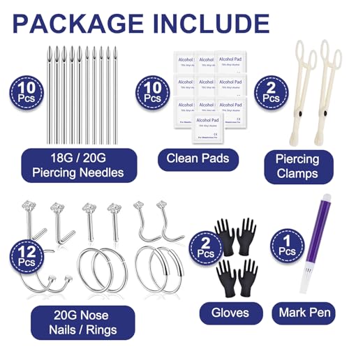 Nose Piercing Kit with 20G Rings, Needles, and Clamps