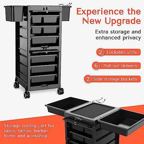 TASALON Premium Lockable Salon Trolley with Wheels and 6 Drawers & 2 Bucket, Versatile Salon Cart for Hair Stylist, Tattoo, Barber