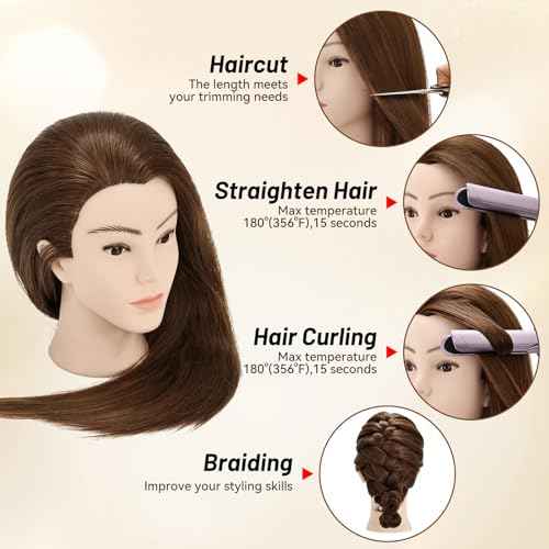 Mannequin Head with 90% Human Hair, 24" Female Real Hair Cosmetology Mannequin Head Hair Styling Manikin Head Doll Head for Hairdresser Practice Training with Clamp Holder and Tools (Brown)