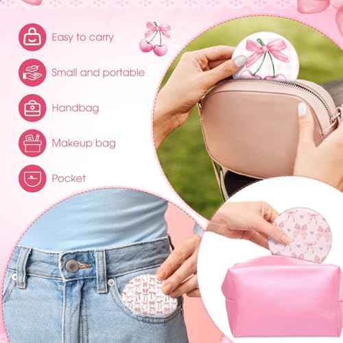 12 Pcs Christmas Bow Party Favors Mini Compact Mirror Bulk Coquette Aesthetic Party Favors Little Pocket Mirrors for Women Girl Birthday Holiday Stocking Stuffer (Cute Style,Pink)