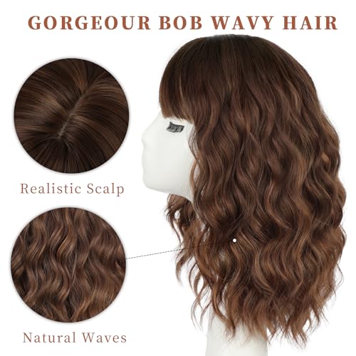 Brown Highlight Bob Wig with Bangs - Wavy Curly Short Hair