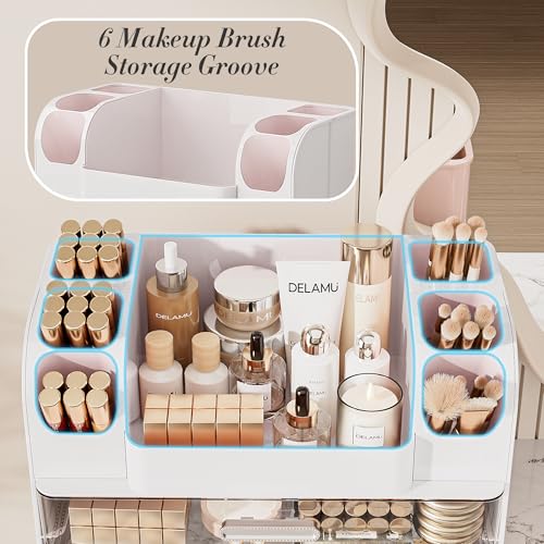 Delamu Large Makeup Organizer with 6 Brush Holders & 2 Drawers