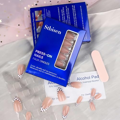 Stbisen Paris Dots Medium Almond Press On Nails Nude Pink French Tips with Black Polka Dots, Reusable Glossy Fake Nails, 24pcs