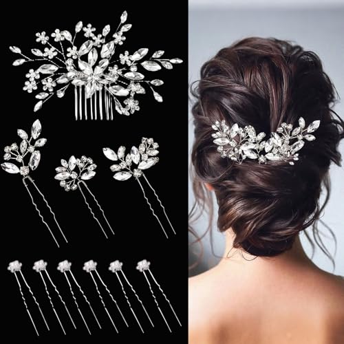 10-Pc Crystal Bridal Hair Pins Set Silver Rhinestone