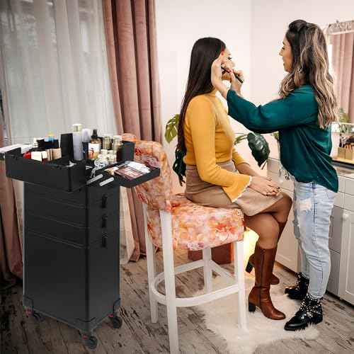 Rolling Makeup Case, Makeup Train Case with Lid, 5 in 1 Cosmetology Case on Wheels, Christmas Gift, Large Makeup Organizers, Profesional Cosmetic Case for Salon Barber, Black