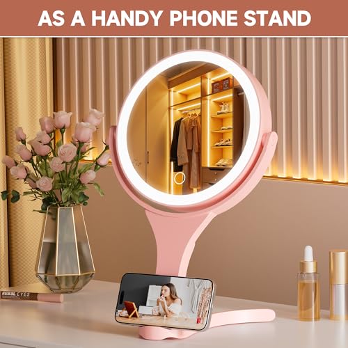 Hasipu Portable Travel Makeup Mirror with Lights ? 360¡Æ Rotating with 1X/10X Magnifying, Rechargeable Tabletop Handhold Hanging 3 in 1 Mirror (Pink)