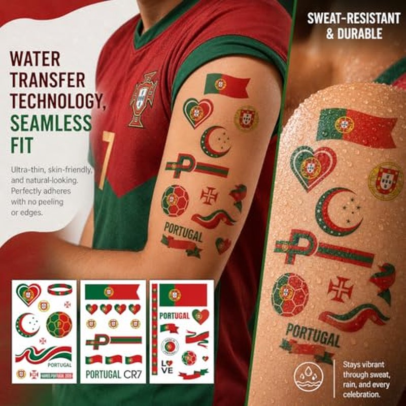Portugal Flag Temporary Tattoos for Soccer Fans - World Cup 2026